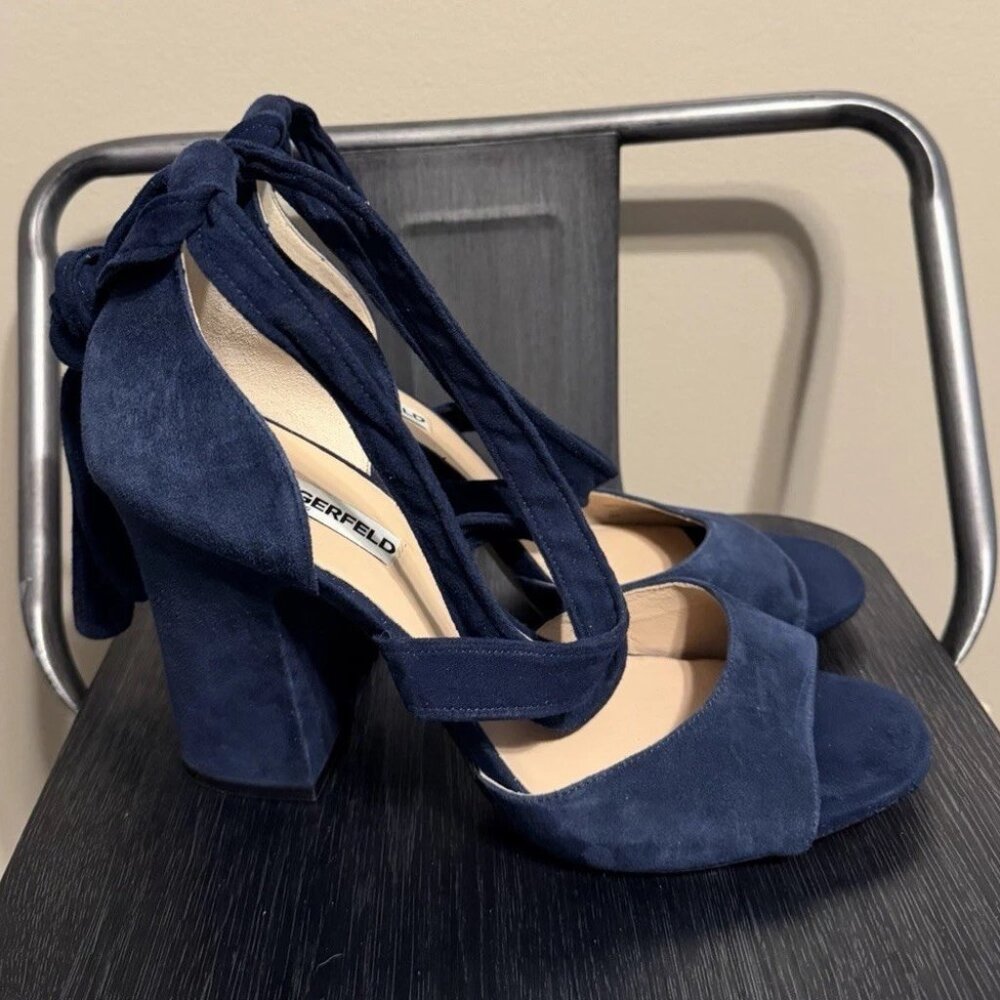 Karl Lagerfeld Paris Navy Blue Suede Ankle Strap Block Heels
